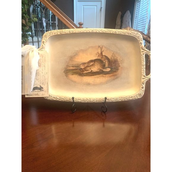 Hand Painted and Decorated Silver Tray Bunny Rabbit Picture Easter Decor Display - Picture 2 of 4
